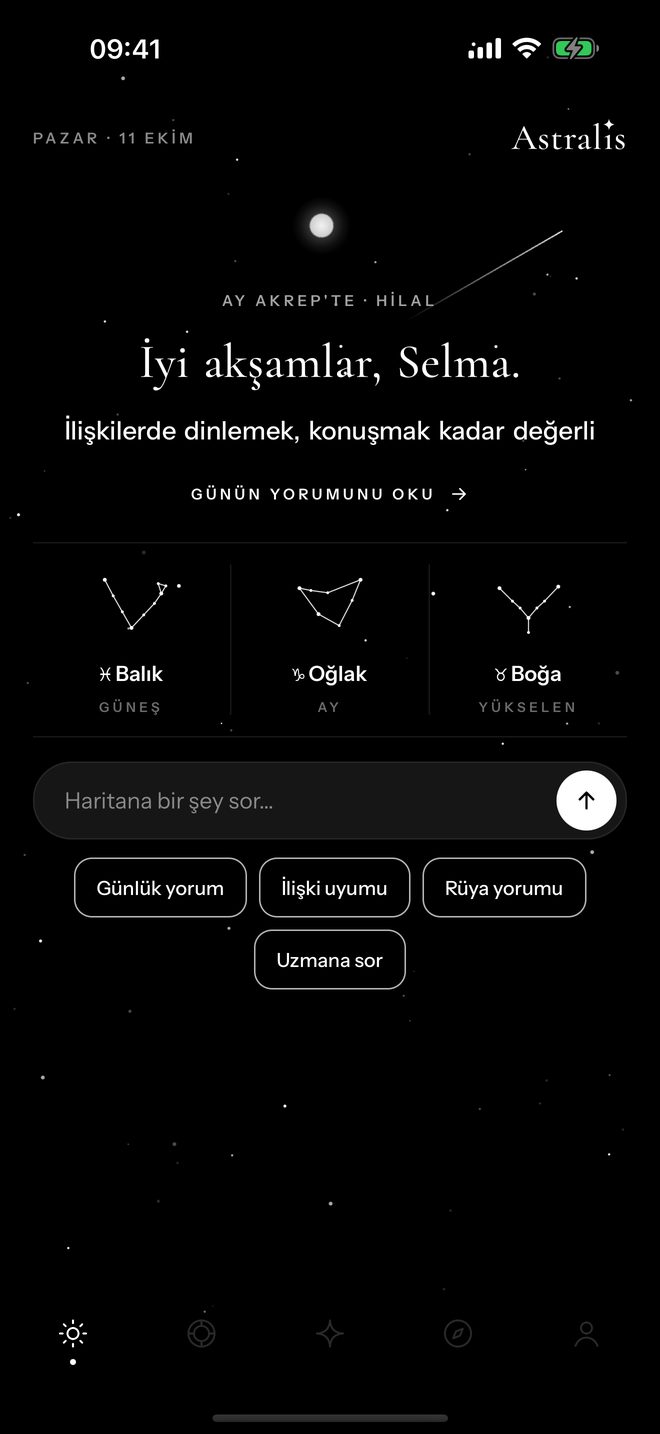 Bugün ekranı: günün yorumu, Güneş, Ay ve yükselen burç