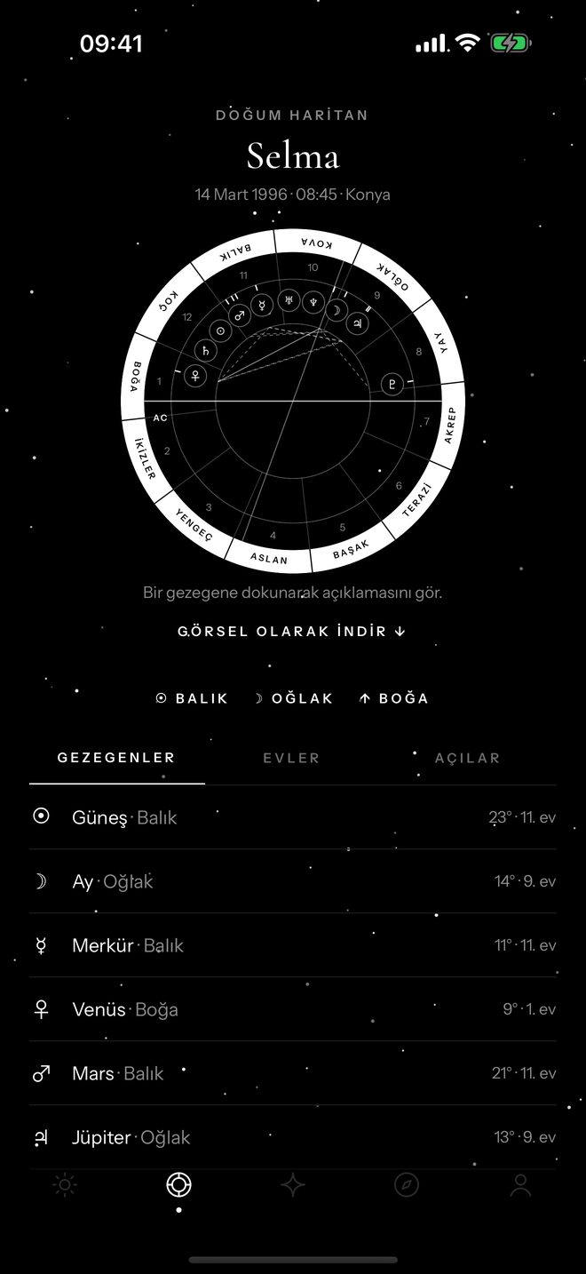 Doğum haritası ekranı: burç çemberi, gezegenler ve evler