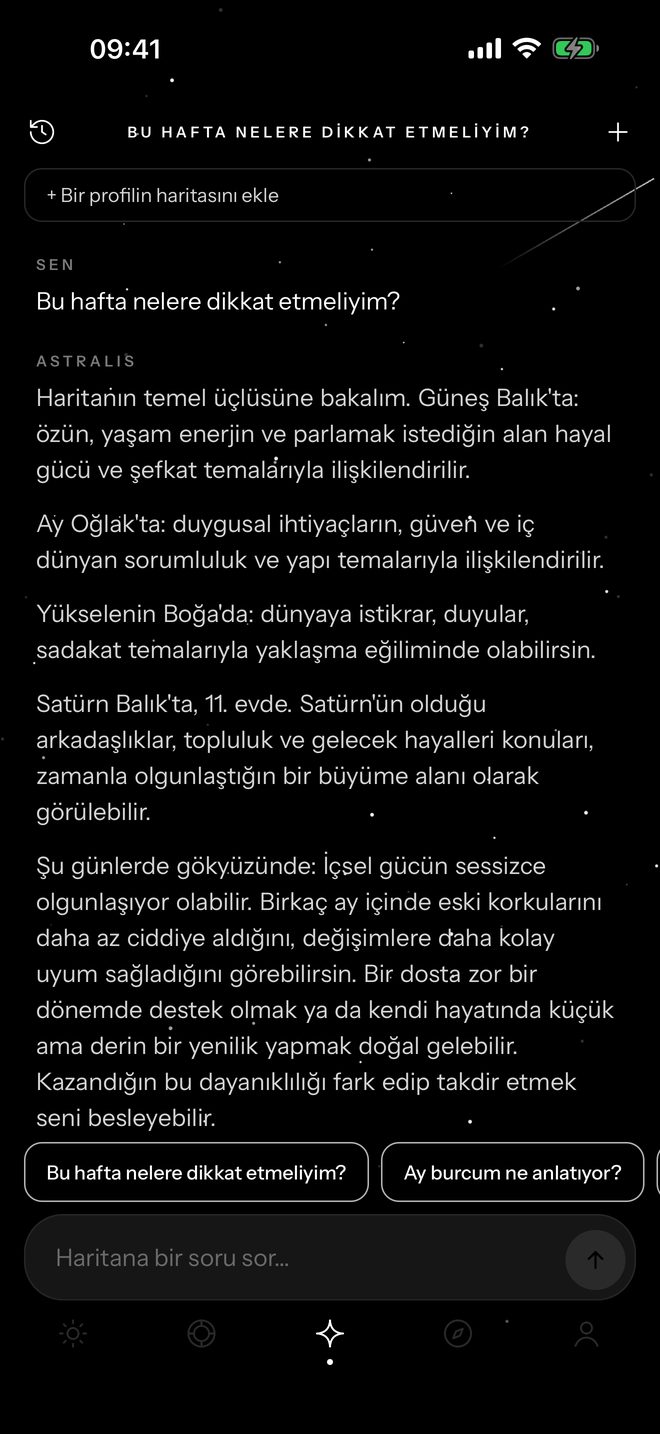 Astroloji asistanı ekranı: haritana dair sorular